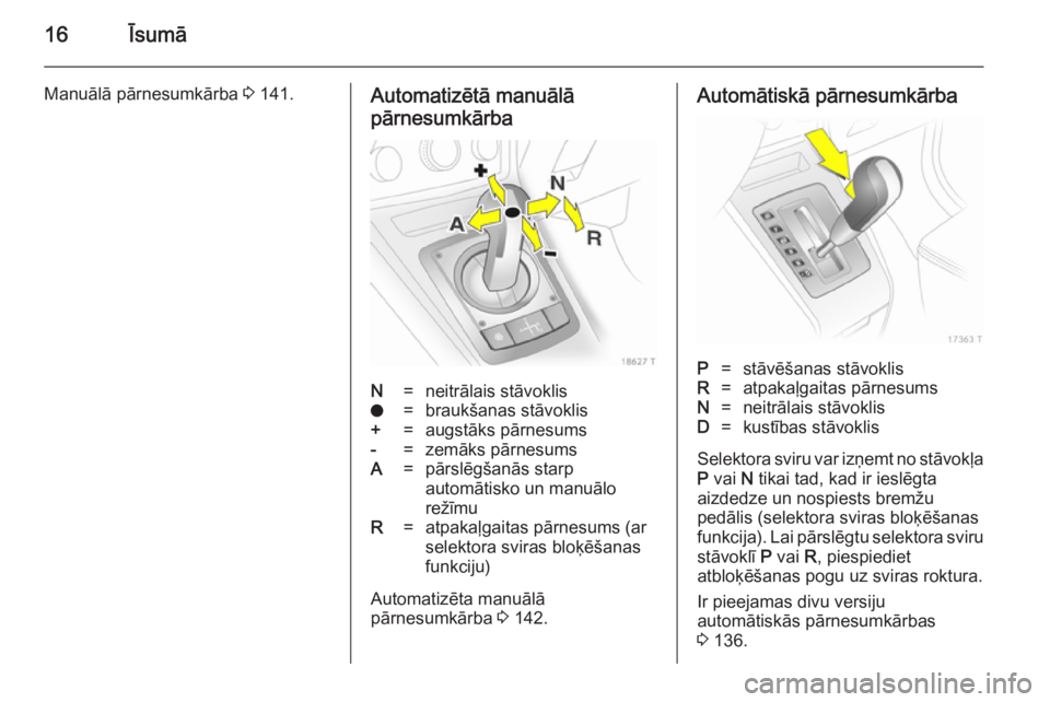 OPEL ZAFIRA B 2014  Īpašnieka rokasgrāmata (in Latvian) 16Īsumā
Manuālā pārnesumkārba 3 141.Automatizētā manuālā
pārnesumkārbaN=neitrālais stāvokliso=braukšanas stāvoklis+=augstāks pārnesums-=zemāks pārnesumsA   =pārslēgšanās starp
