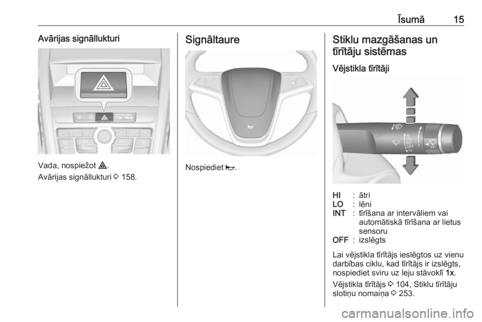 OPEL ZAFIRA C 2016  Īpašnieka rokasgrāmata (in Latvian) Īsumā15Avārijas signāllukturi
Vada, nospiežot ¨.
Avārijas signāllukturi  3 158.
Signāltaure
Nospiediet  j.
Stiklu mazgāšanas un
tīrītāju sistēmas
Vējstikla tīrītājiHI:ātriLO:lēniI