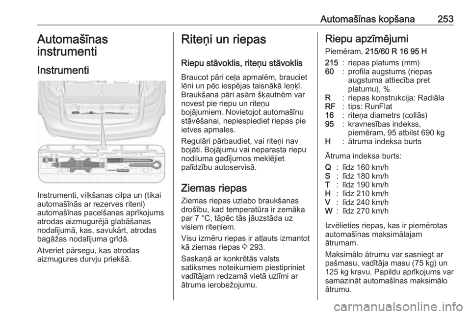 OPEL ZAFIRA C 2017.5  Īpašnieka rokasgrāmata (in Latvian) Automašīnas kopšana253Automašīnas
instrumenti
Instrumenti
Instrumenti, vilkšanas cilpa un (tikai
automašīnās ar rezerves riteni)
automašīnas pacelšanas aprīkojums
atrodas aizmugurējā gl