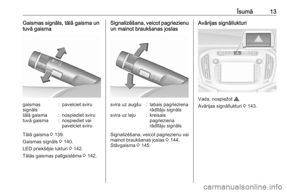 OPEL ZAFIRA C 2018  Īpašnieka rokasgrāmata (in Latvian) Īsumā13Gaismas signāls, tālā gaisma un
tuvā gaismagaismas
signāls:pavelciet svirutālā gaisma:nospiediet svirutuvā gaisma:nospiediet vai
pavelciet sviru
Tālā gaisma  3 139.
Gaismas signāls