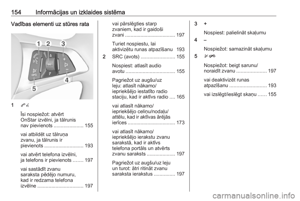 OPEL ZAFIRA C 2018 Īpašnieka rokasgrāmata (in Latvian) 154Informācijas un izklaides sistēmaVadības elementi uz stūres rata
1qw
Īsi nospiežot: atvērt
OnStar izvēlni, ja tālrunis
nav pievienots .....................155
vai atbildēt uz tālruņa zv OPEL ZAFIRA C 2018 Īpašnieka rokasgrāmata (in Latvian) 154Informācijas un izklaides sistēmaVadības elementi uz stūres rata
1qw
Īsi nospiežot: atvērt
OnStar izvēlni, ja tālrunis
nav pievienots .....................155
vai atbildēt uz tālruņa zv