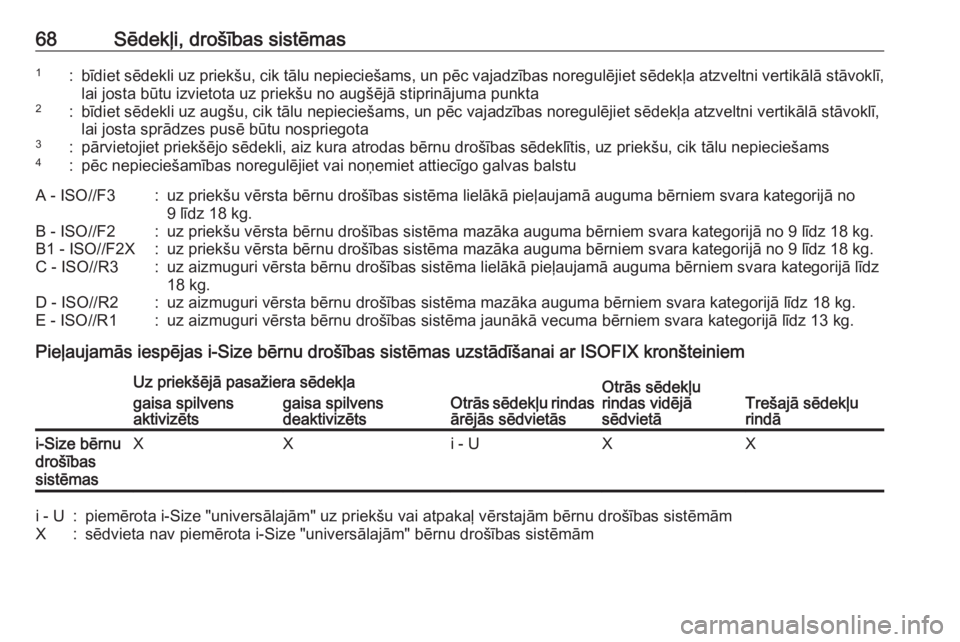 OPEL ZAFIRA C 2018  Īpašnieka rokasgrāmata (in Latvian) 68Sēdekļi, drošības sistēmas1:bīdiet sēdekli uz priekšu, cik tālu nepieciešams, un pēc vajadzības noregulējiet sēdekļa atzveltni vertikālā stāvoklī,lai josta būtu izvietota uz prie