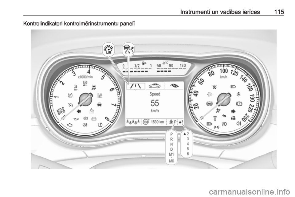 OPEL ZAFIRA C 2018.5  Īpašnieka rokasgrāmata (in Latvian) Instrumenti un vadības ierīces115Kontrolindikatori kontrolmērinstrumentu panelī 