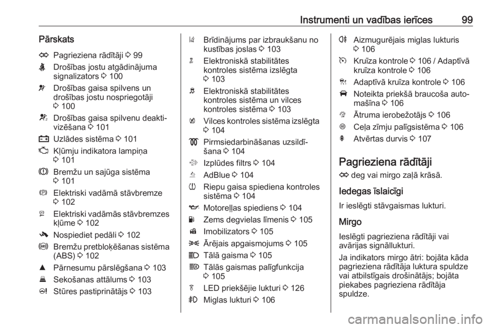 OPEL ZAFIRA C 2019  Īpašnieka rokasgrāmata (in Latvian) Instrumenti un vadības ierīces99PārskatsOPagrieziena rādītāji 3 99XDrošības jostu atgādinājuma
signalizators  3 100vDrošības gaisa spilvens un
drošības jostu nospriegotāji
3  100VDroš�