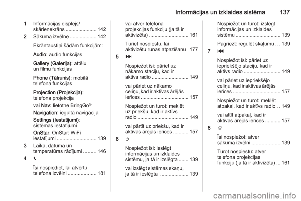 OPEL ZAFIRA C 2019  Īpašnieka rokasgrāmata (in Latvian) Informācijas un izklaides sistēma1371Informācijas displejs/
skārienekrāns ...................... 142
2 Sākuma izvēlne ................... 142
Ekrāntaustiņi šādām funkcijām:
Audio : audio 