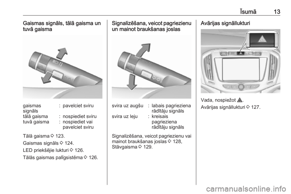 OPEL ZAFIRA C 2019  Īpašnieka rokasgrāmata (in Latvian) Īsumā13Gaismas signāls, tālā gaisma un
tuvā gaismagaismas
signāls:pavelciet svirutālā gaisma:nospiediet svirutuvā gaisma:nospiediet vai
pavelciet sviru
Tālā gaisma  3 123.
Gaismas signāls