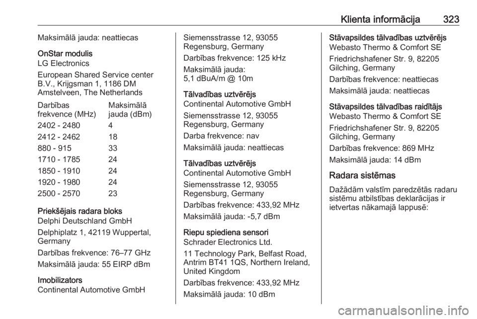 OPEL ZAFIRA C 2019  Īpašnieka rokasgrāmata (in Latvian) Klienta informācija323Maksimālā jauda: neattiecasOnStar modulis
LG Electronics
European Shared Service center B.V., Krijgsman 1, 1186 DM
Amstelveen, The NetherlandsDarbības
frekvence (MHz)Maksimā