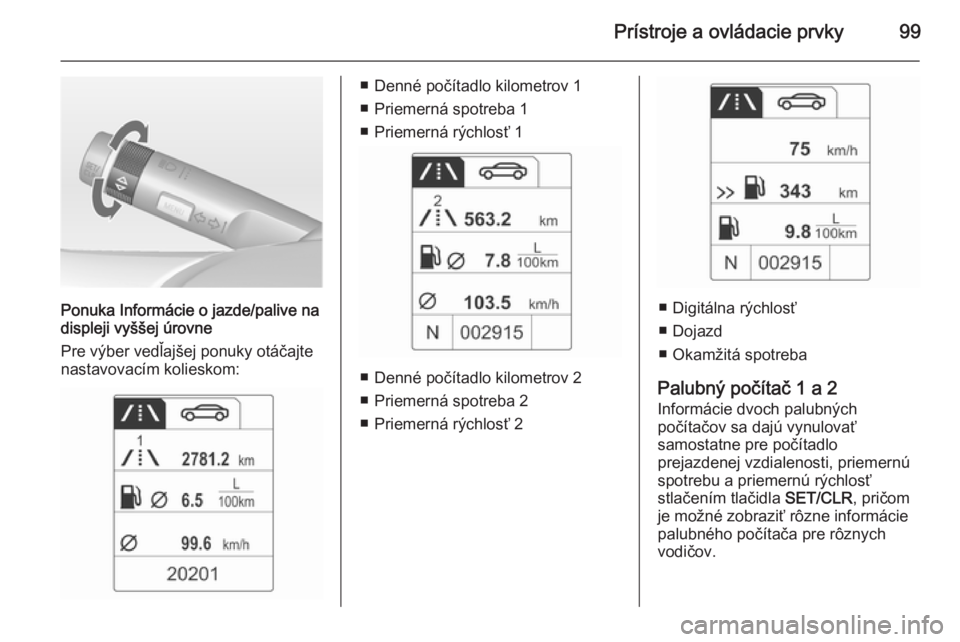 OPEL ADAM 2014 Návod na obsluhu informačného systému (in Slovak) Prístroje a ovládacie prvky99
Ponuka Informácie o jazde/palive na
displeji vyššej úrovne
Pre výber vedľajšej ponuky otáčajte nastavovacím kolieskom:
■ Denné počítadlo kilometrov 1
■ OPEL ADAM 2014 Návod na obsluhu informačného systému (in Slovak) Prístroje a ovládacie prvky99
Ponuka Informácie o jazde/palive na
displeji vyššej úrovne
Pre výber vedľajšej ponuky otáčajte nastavovacím kolieskom:
■ Denné počítadlo kilometrov 1
■