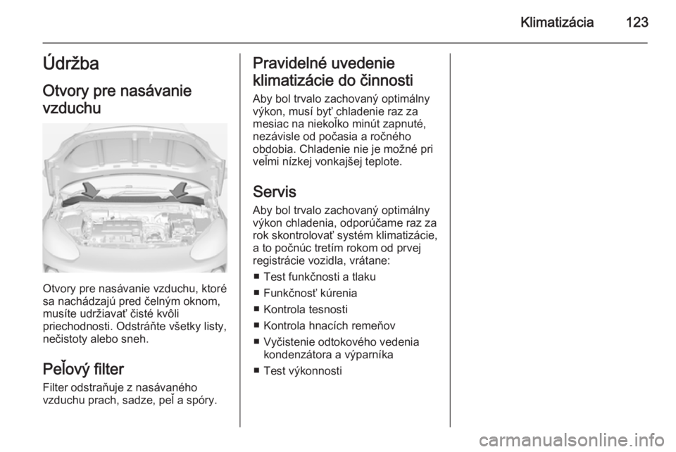 OPEL ADAM 2014  Návod na obsluhu informačného systému (in Slovak) Klimatizácia123Údržba
Otvory pre nasávanie
vzduchu
Otvory pre nasávanie vzduchu, ktoré
sa nachádzajú pred čelným oknom, musíte udržiavať čisté kvôli
priechodnosti. Odstráňte všetky 