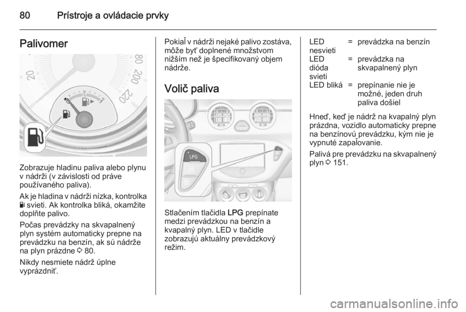 OPEL ADAM 2014  Návod na obsluhu informačného systému (in Slovak) 80Prístroje a ovládacie prvkyPalivomer
Zobrazuje hladinu paliva alebo plynu
v nádrži (v závislosti od práve
používaného paliva).
Ak je hladina v nádrži nízka, kontrolka Y  svieti. Ak kontr