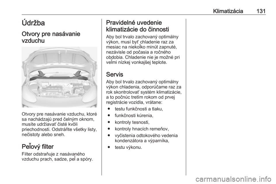 OPEL ADAM 2016 Používateľská príručka (in Slovak) Klimatizácia131Údržba
Otvory pre nasávanie
vzduchu
Otvory pre nasávanie vzduchu, ktoré
sa nachádzajú pred čelným oknom, musíte udržiavať čisté kvôli
priechodnosti. Odstráňte všetky OPEL ADAM 2016 Používateľská príručka (in Slovak) Klimatizácia131Údržba
Otvory pre nasávanie
vzduchu
Otvory pre nasávanie vzduchu, ktoré
sa nachádzajú pred čelným oknom, musíte udržiavať čisté kvôli
priechodnosti. Odstráňte všetky