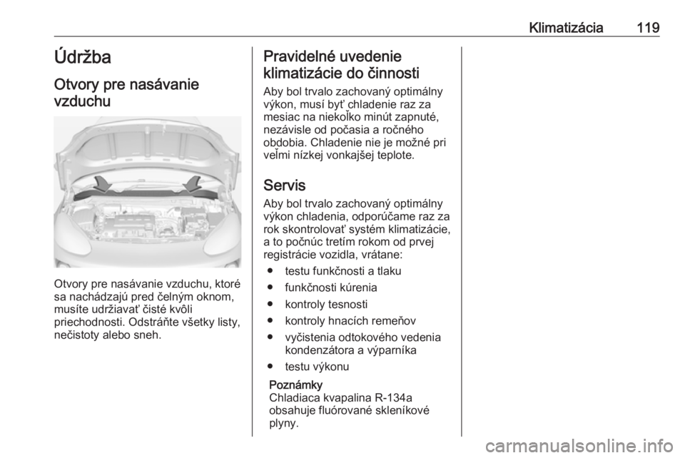 OPEL ADAM 2019 Používateľská príručka (in Slovak) Klimatizácia119Údržba
Otvory pre nasávanie
vzduchu
Otvory pre nasávanie vzduchu, ktoré
sa nachádzajú pred čelným oknom, musíte udržiavať čisté kvôli
priechodnosti. Odstráňte všetky OPEL ADAM 2019 Používateľská príručka (in Slovak) Klimatizácia119Údržba
Otvory pre nasávanie
vzduchu
Otvory pre nasávanie vzduchu, ktoré
sa nachádzajú pred čelným oknom, musíte udržiavať čisté kvôli
priechodnosti. Odstráňte všetky