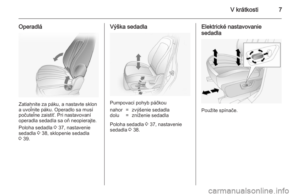 OPEL ANTARA 2014.5  Používateľská príručka (in Slovak) V krátkosti7
Operadlá
Zatiahnite za páku, a nastavte sklon
a uvoľnite páku. Operadlo sa musí
počuteľne zaistiť. Pri nastavovaní
operadla sedadla sa oň neopierajte.
Poloha sedadla  3 37, nas