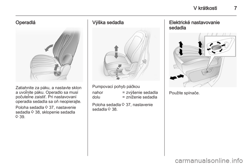OPEL ANTARA 2015  Používateľská príručka (in Slovak) V krátkosti7
Operadlá
Zatiahnite za páku, a nastavte sklon
a uvoľnite páku. Operadlo sa musí
počuteľne zaistiť. Pri nastavovaní
operadla sedadla sa oň neopierajte.
Poloha sedadla  3 37, nas