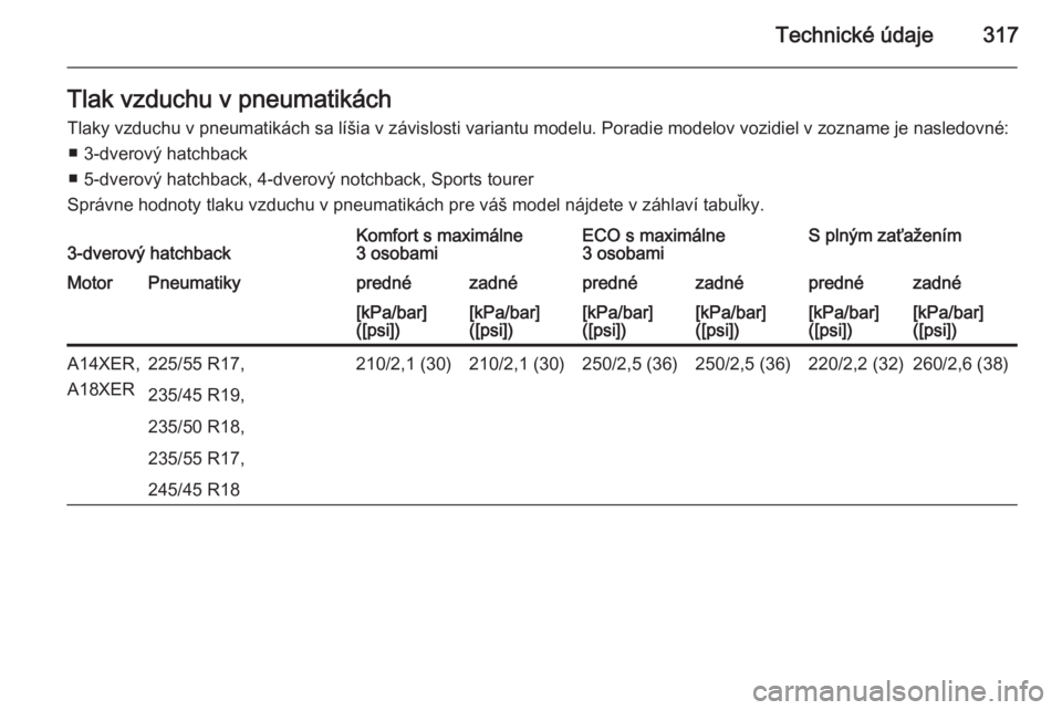 OPEL ASTRA J 2014.5  Používateľská príručka (in Slovak) Technické údaje317Tlak vzduchu v pneumatikáchTlaky vzduchu v pneumatikách sa líšia v závislosti variantu modelu. Poradie modelov vozidiel v zozname je nasledovné: ■ 3-dverový hatchback
■ 