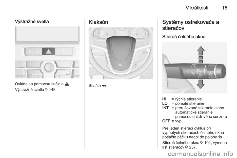 OPEL ASTRA J 2015  Používateľská príručka (in Slovak) V krátkosti15
Výstražné svetlá
Ovláda sa pomocou tlačidla ¨.
Výstražné svetlá  3 148.
Klaksón
Stlačte  j.
Systémy ostrekovača a
stieračov
Stierač čelného oknaHI=rýchle stieranieLO