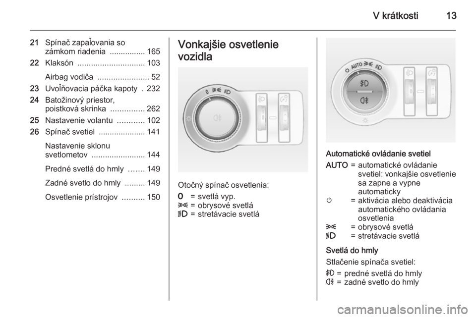 OPEL ASTRA J 2015.5 Používateľská príručka (in Slovak) V krátkosti13
21Spínač zapaľovania so
zámkom riadenia ................ 165
22 Klaksón .............................. 103
Airbag vodiča ....................... 52
23 Uvoľňovacia páčka kap OPEL ASTRA J 2015.5 Používateľská príručka (in Slovak) V krátkosti13
21Spínač zapaľovania so
zámkom riadenia ................ 165
22 Klaksón .............................. 103
Airbag vodiča ....................... 52
23 Uvoľňovacia páčka kap