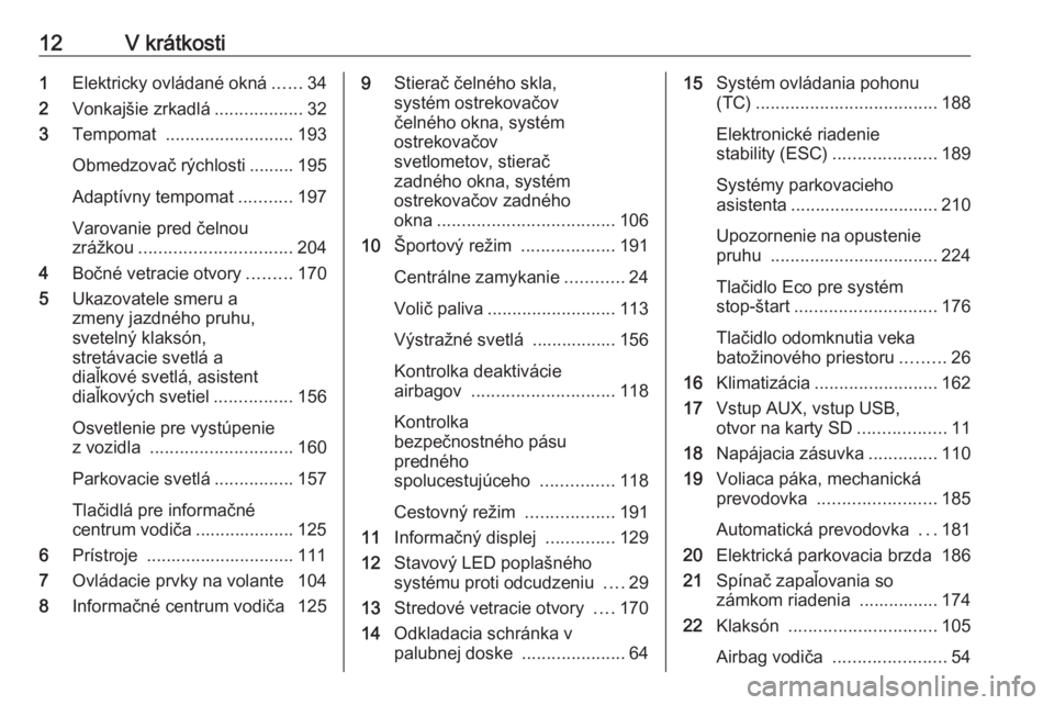 OPEL ASTRA J 2016.5  Používateľská príručka (in Slovak) 12V krátkosti1Elektricky ovládané okná ......34
2 Vonkajšie zrkadlá ..................32
3 Tempomat  .......................... 193
Obmedzovač rýchlosti ......... 195
Adaptívny tempomat .....