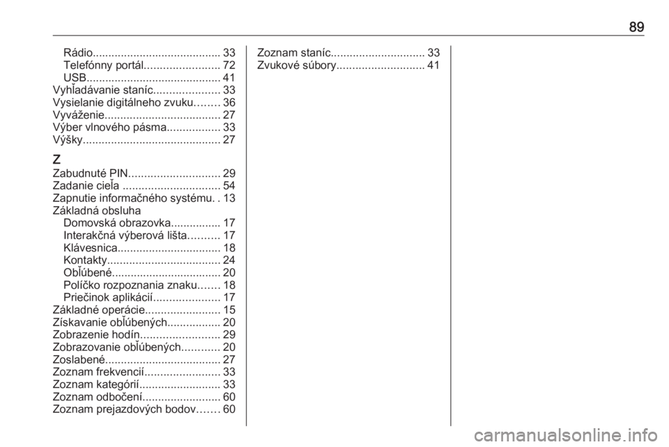 OPEL ASTRA K 2017  Návod na obsluhu informačného systému (in Slovak) 89Rádio......................................... 33
Telefónny portál ........................72
USB ........................................... 41
Vyhľadávanie staníc .....................33
Vys