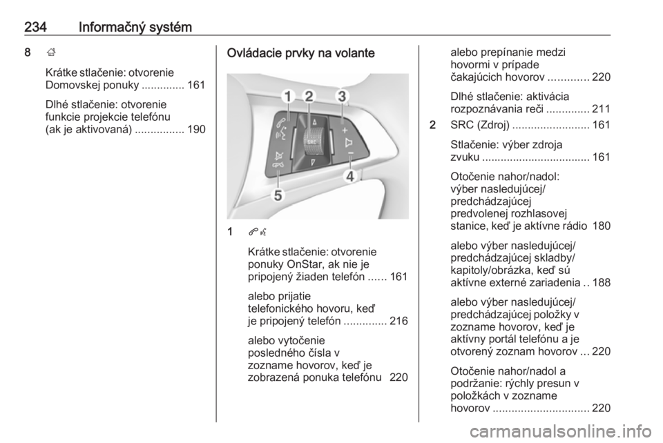 OPEL ASTRA K 2017.5 Používateľská príručka (in Slovak) 234Informačný systém8;
Krátke stlačenie: otvorenie Domovskej ponuky .............. 161
Dlhé stlačenie: otvorenie
funkcie projekcie telefónu
(ak je aktivovaná) ................190Ovládacie pr OPEL ASTRA K 2017.5 Používateľská príručka (in Slovak) 234Informačný systém8;
Krátke stlačenie: otvorenie Domovskej ponuky .............. 161
Dlhé stlačenie: otvorenie
funkcie projekcie telefónu
(ak je aktivovaná) ................190Ovládacie pr