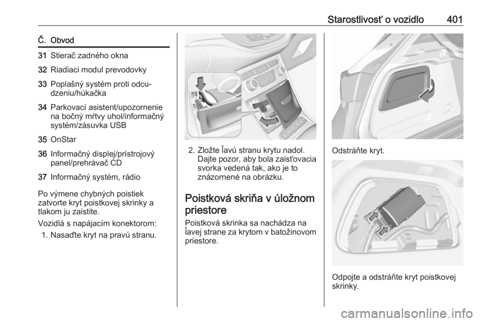 OPEL ASTRA K 2017.5  Používateľská príručka (in Slovak) Starostlivosť o vozidlo401Č.Obvod31Stierač zadného okna32Riadiaci modul prevodovky33Poplašný systém proti odcu‐
dzeniu/húkačka34Parkovací asistent/upozornenie
na bočný mŕtvy uhol/inform OPEL ASTRA K 2017.5  Používateľská príručka (in Slovak) Starostlivosť o vozidlo401Č.Obvod31Stierač zadného okna32Riadiaci modul prevodovky33Poplašný systém proti odcu‐
dzeniu/húkačka34Parkovací asistent/upozornenie
na bočný mŕtvy uhol/inform
