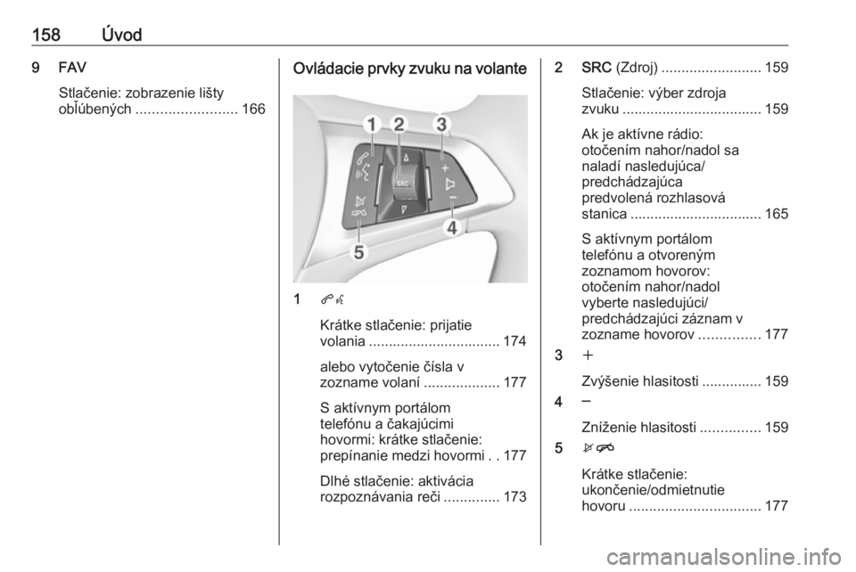 OPEL ASTRA K 2018.5  Návod na obsluhu informačného systému (in Slovak) 158Úvod9 FAVStlačenie: zobrazenie lišty
obľúbených ......................... 166Ovládacie prvky zvuku na volante
1qw
Krátke stlačenie: prijatie
volania ................................. 174
a