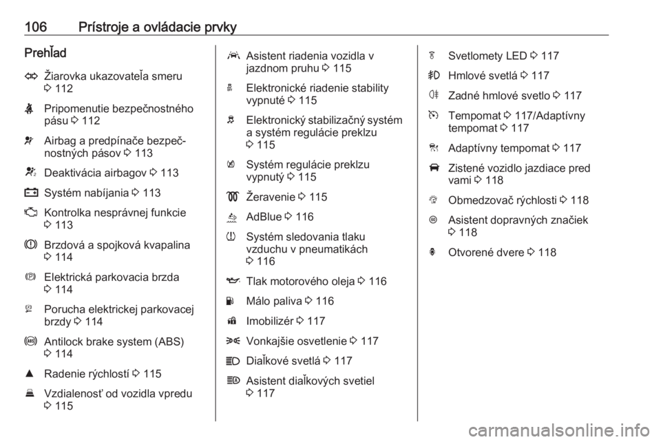 OPEL ASTRA K 2018.5  Používateľská príručka (in Slovak) 106Prístroje a ovládacie prvkyPrehľadOŽiarovka ukazovateľa smeru3  112XPripomenutie bezpečnostného
pásu  3 112vAirbag a predpínače bezpeč‐
nostných pásov  3 113VDeaktivácia airbagov  3