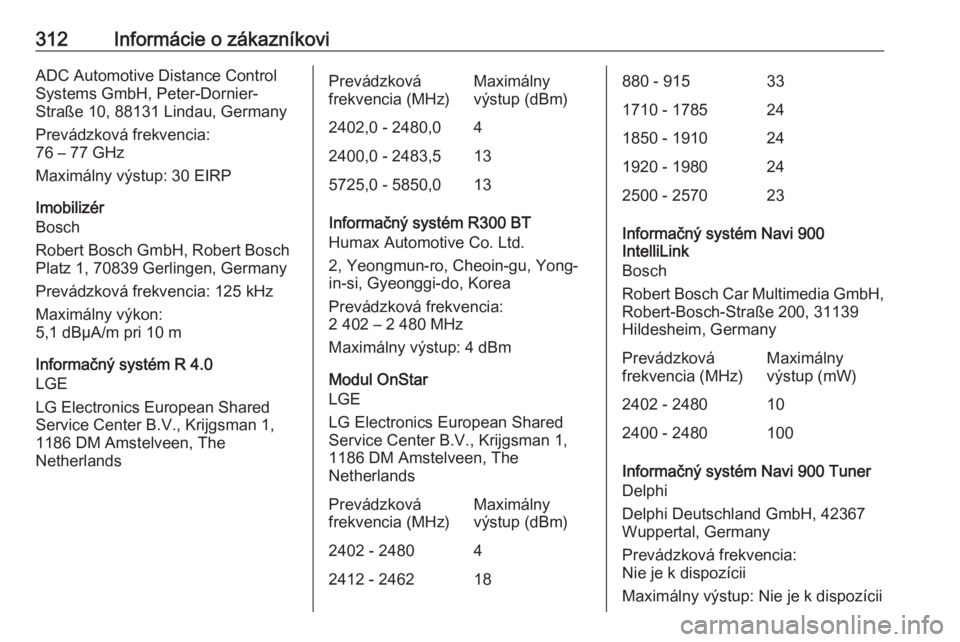 OPEL ASTRA K 2018.5  Používateľská príručka (in Slovak) 312Informácie o zákazníkoviADC Automotive Distance Control
Systems GmbH, Peter-Dornier-
Straße 10, 88131 Lindau, Germany
Prevádzková frekvencia:
76 – 77 GHz
Maximálny výstup: 30 EIRP
Imobili