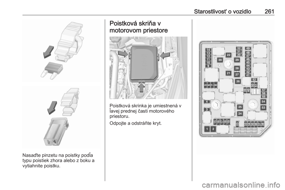 OPEL ASTRA K 2018.75  Používateľská príručka (in Slovak) Starostlivosť o vozidlo261
Nasaďte pinzetu na poistky podľa
typu poistiek zhora alebo z boku a
vytiahnite poistku.
Poistková skriňa v
motorovom priestore
Poistková skrinka je umiestnená v
ľave