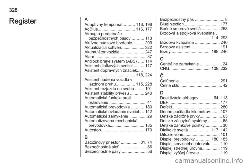 OPEL ASTRA K 2018.75  Používateľská príručka (in Slovak) 328RegisterAAdaptívny tempomat ..........118, 198
AdBlue ................................ 116, 177
Airbag a predpínače bezpečnostných pásov  ..........113
Aktívne núdzové brzdenie ..........2