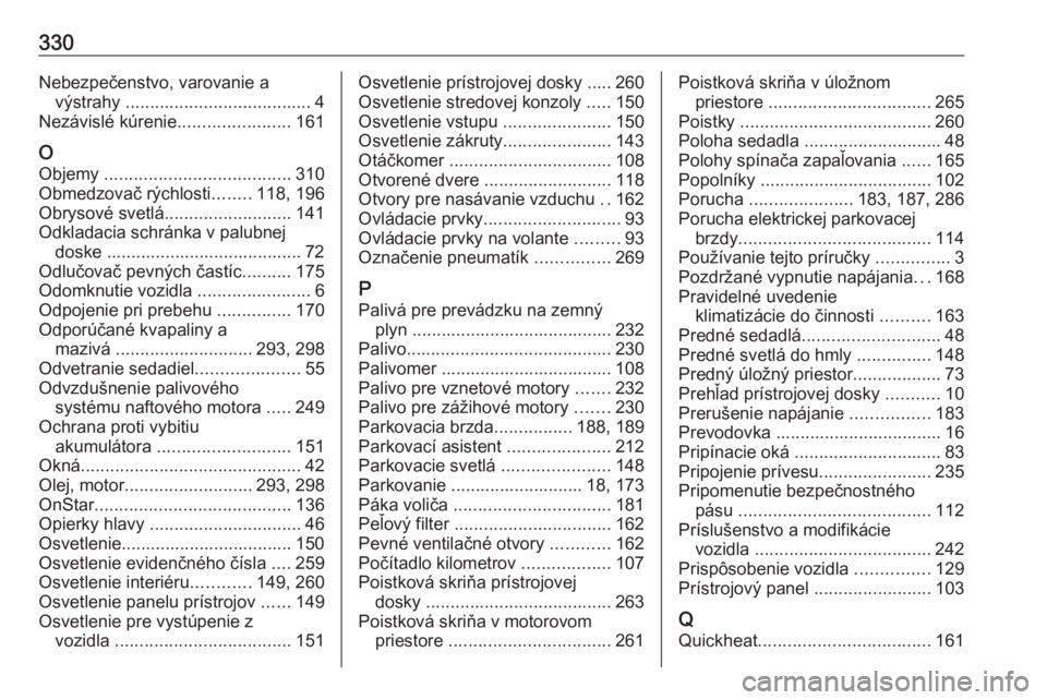 OPEL ASTRA K 2018.75  Používateľská príručka (in Slovak) 330Nebezpečenstvo, varovanie avýstrahy  ...................................... 4
Nezávislé kúrenie .......................161
O
Objemy  ...................................... 310
Obmedzovač rýc