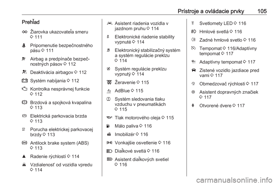 OPEL ASTRA K 2019  Používateľská príručka (in Slovak) Prístroje a ovládacie prvky105PrehľadOŽiarovka ukazovateľa smeru
3  111XPripomenutie bezpečnostného
pásu  3 111vAirbag a predpínače bezpeč‐
nostných pásov  3 112VDeaktivácia airbagov  