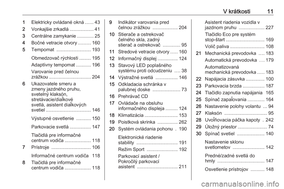 OPEL ASTRA K 2019  Používateľská príručka (in Slovak) V krátkosti111Elektricky ovládané okná ......43
2 Vonkajšie zrkadlá ..................41
3 Centrálne zamykanie ............25
4 Bočné vetracie otvory .........160
5 Tempomat  ................