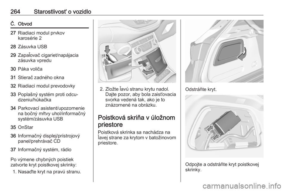 OPEL ASTRA K 2019  Používateľská príručka (in Slovak) 264Starostlivosť o vozidloČ.Obvod27Riadiaci modul prvkov
karosérie 228Zásuvka USB29Zapaľovač cigariet/napájacia
zásuvka vpredu30Páka voliča31Stierač zadného okna32Riadiaci modul prevodovky