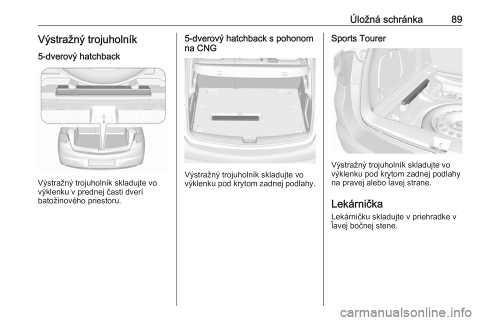 OPEL ASTRA K 2019  Používateľská príručka (in Slovak) Úložná schránka89Výstražný trojuholník5-dverový hatchback
Výstražný trojuholník skladujte vo
výklenku v prednej časti dverí
batožinového priestoru.
5-dverový hatchback s pohonom
na 