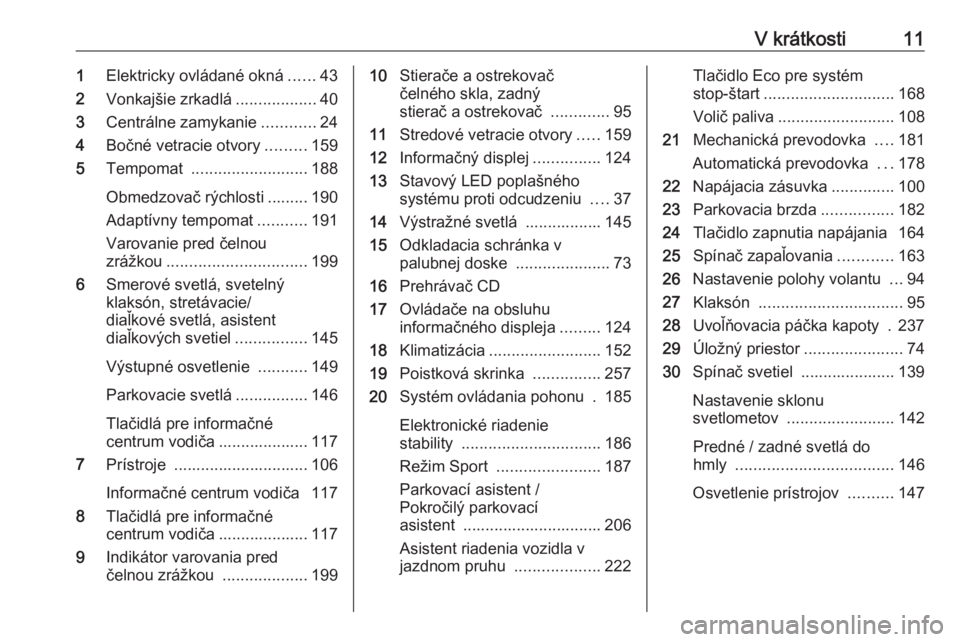 OPEL ASTRA K 2019.5  Používateľská príručka (in Slovak) V krátkosti111Elektricky ovládané okná ......43
2 Vonkajšie zrkadlá ..................40
3 Centrálne zamykanie ............24
4 Bočné vetracie otvory .........159
5 Tempomat  ................