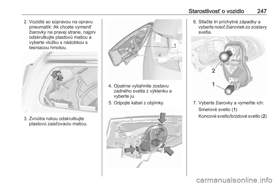 OPEL ASTRA K 2019.5  Používateľská príručka (in Slovak) Starostlivosť o vozidlo2472. Vozidlá so súpravou na opravupneumatík: Ak chcete vymeniť
žiarovky na pravej strane, najprv
odskrutkujte plastovú maticu a
vyberte vložku s nádobkou s
tesniacou h