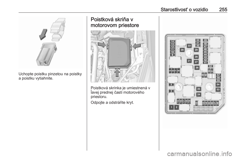 OPEL ASTRA K 2019.5  Používateľská príručka (in Slovak) Starostlivosť o vozidlo255
Uchopte poistku pinzetou na poistky
a poistku vytiahnite.
Poistková skriňa v
motorovom priestore
Poistková skrinka je umiestnená v
ľavej prednej časti motorového
pri