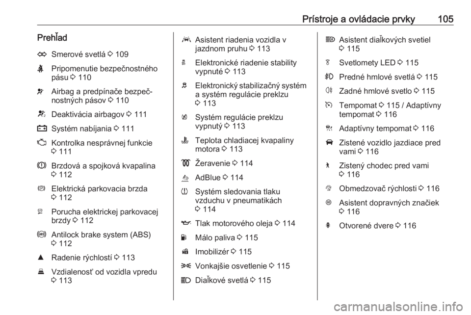 OPEL ASTRA K 2020  Používateľská príručka (in Slovak) Prístroje a ovládacie prvky105PrehľadOSmerové svetlá 3 109XPripomenutie bezpečnostného
pásu  3 110vAirbag a predpínače bezpeč‐
nostných pásov  3 110VDeaktivácia airbagov  3 111pSystém