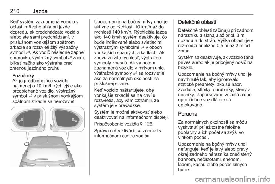 OPEL ASTRA K 2020  Používateľská príručka (in Slovak) 210JazdaKeď systém zaznamená vozidlo v
oblasti mŕtveho uhla pri jazde
dopredu, ak predchádzate vozidlo
alebo ste sami predchádzaní, v
príslušnom vonkajšom spätnom
zrkadle sa rozsvieti žlt�