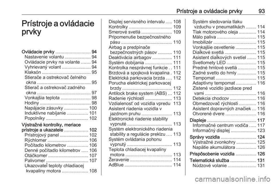 OPEL ASTRA K 2020  Používateľská príručka (in Slovak) Prístroje a ovládacie prvky93Prístroje a ovládacieprvkyOvládacie prvky ........................... 94
Nastavenie volantu ....................94
Ovládacie prvky na volante .......94
Vyhrievaný v