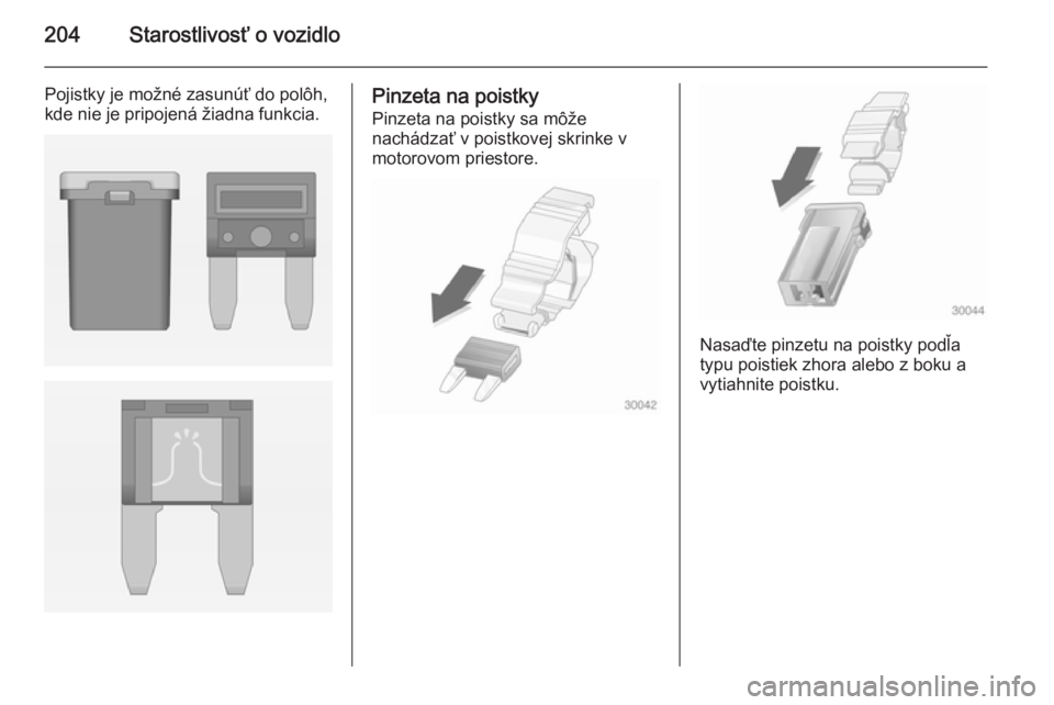 OPEL CASCADA 2014  Používateľská príručka (in Slovak) 204Starostlivosť o vozidlo
Pojistky je možné zasunúť do polôh,
kde nie je pripojená žiadna funkcia.Pinzeta na poistky
Pinzeta na poistky sa môže
nachádzať v poistkovej skrinke v
motorovom 