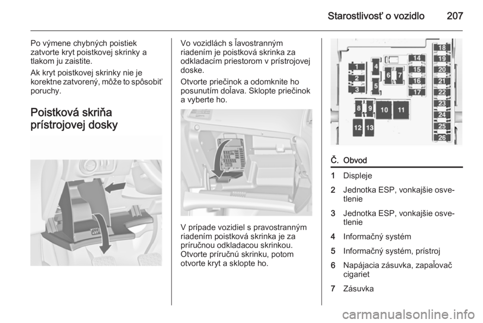 OPEL CASCADA 2014  Používateľská príručka (in Slovak) Starostlivosť o vozidlo207
Po výmene chybných poistiek
zatvorte kryt poistkovej skrinky a
tlakom ju zaistite.
Ak kryt poistkovej skrinky nie je
korektne zatvorený, môže to spôsobiť poruchy.
Po
