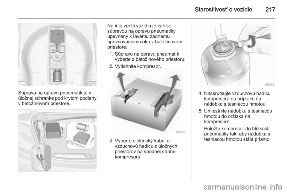 OPEL CASCADA 2014  Používateľská príručka (in Slovak) Starostlivosť o vozidlo217
Súprava na opravu pneumatík je v
úložnej schránke pod krytom podlahy
v batožinovom priestore.
Na inej verzii vozidla je vak so
súpravou na opravu pneumatiky
upevnen�