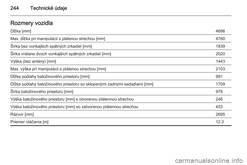 OPEL CASCADA 2014  Používateľská príručka (in Slovak) 244Technické údajeRozmery vozidlaDĺžka [mm]4696Max. dĺžka pri manipulácii s plátenou strechou [mm]4760Šírka bez vonkajších spätných zrkadiel [mm]1839Šírka vrátane dvoch vonkajších s