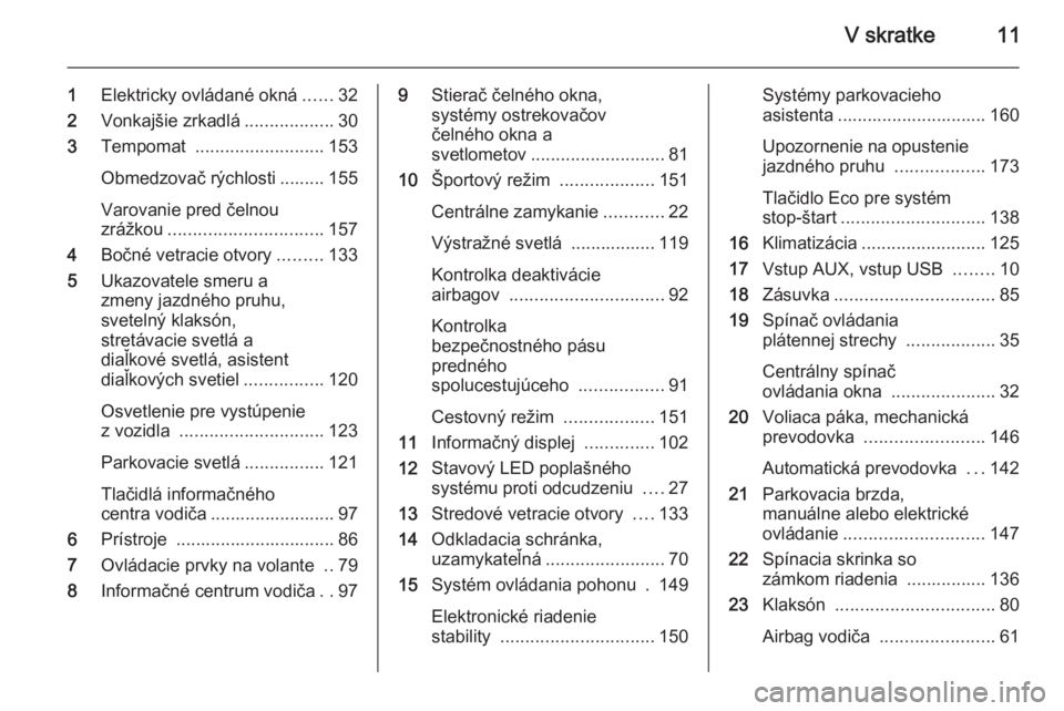 OPEL CASCADA 2014.5  Používateľská príručka (in Slovak) V skratke11
1Elektricky ovládané okná ......32
2 Vonkajšie zrkadlá ..................30
3 Tempomat  .......................... 153
Obmedzovač rýchlosti ......... 155
Varovanie pred čelnou
zrá