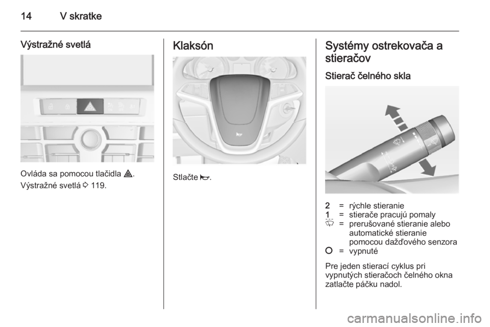 OPEL CASCADA 2014.5  Používateľská príručka (in Slovak) 14V skratke
Výstražné svetlá
Ovláda sa pomocou tlačidla ¨.
Výstražné svetlá  3 119.
Klaksón
Stlačte  j.
Systémy ostrekovača a
stieračov
Stierač čelného skla2=rýchle stieranie1=stie
