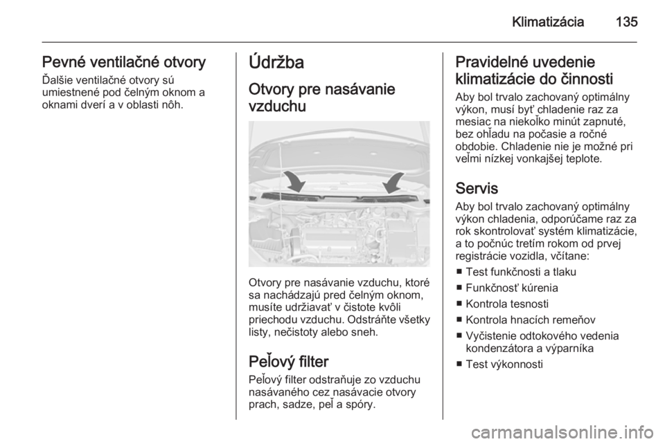 OPEL CASCADA 2015  Používateľská príručka (in Slovak) Klimatizácia135Pevné ventilačné otvoryĎalšie ventilačné otvory sú
umiestnené pod čelným oknom a
oknami dverí a v oblasti nôh.Údržba
Otvory pre nasávanie
vzduchu
Otvory pre nasávanie 
