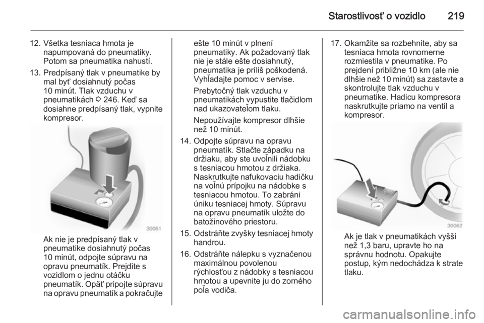 OPEL CASCADA 2015  Používateľská príručka (in Slovak) Starostlivosť o vozidlo219
12. Všetka tesniaca hmota jenapumpovaná do pneumatiky.
Potom sa pneumatika nahustí.
13. Predpísaný tlak v pneumatike by mal byť dosiahnutý počas
10 minút. Tlak vzd