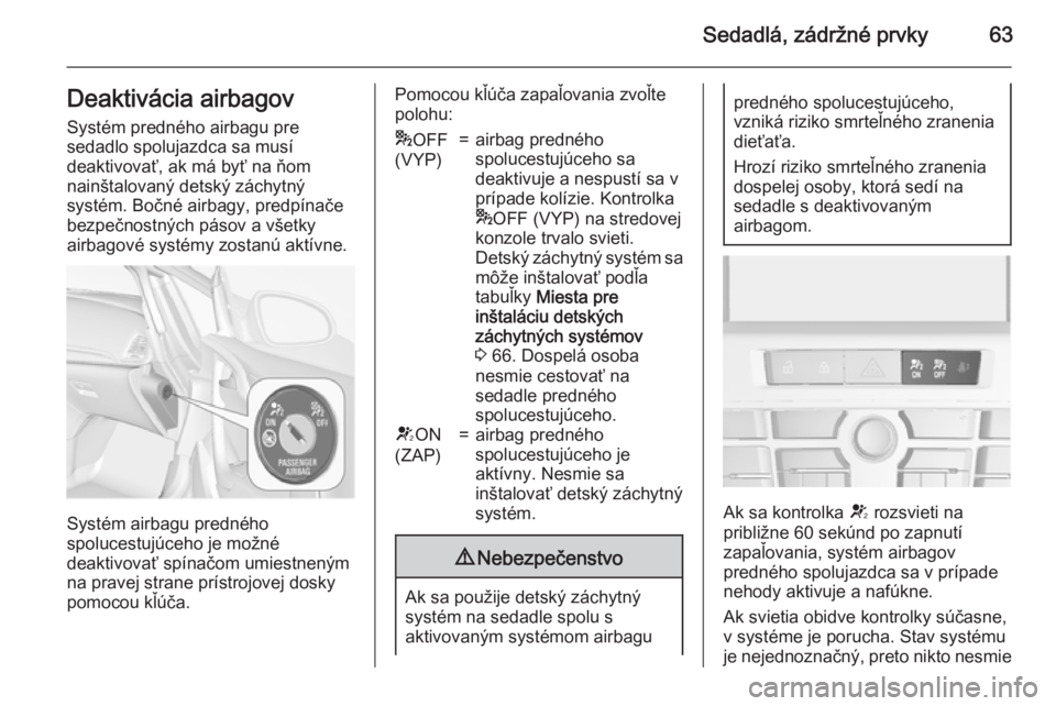 OPEL CASCADA 2015  Používateľská príručka (in Slovak) Sedadlá, zádržné prvky63Deaktivácia airbagovSystém predného airbagu pre
sedadlo spolujazdca sa musí
deaktivovať, ak má byť na ňom
nainštalovaný detský záchytný
systém. Bočné airbag
